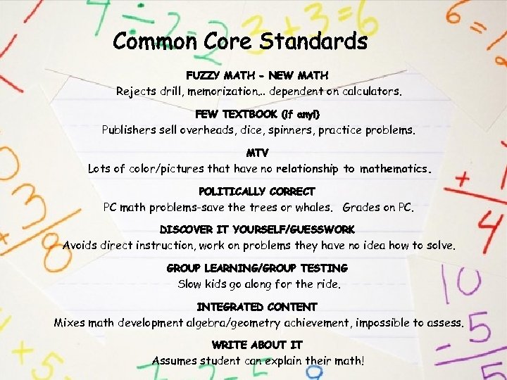 Common Core Standards FUZZY MATH - NEW MATH Rejects drill, memorization… dependent on calculators.