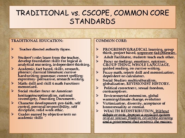 TRADITIONAL vs. CSCOPE, COMMON CORE STANDARDS TRADITIONAL EDUCATION: COMMON CORE: Ø Ø Ø Ø