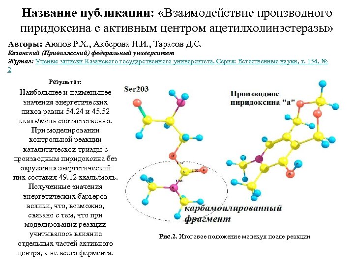 Название публикации: «Взаимодействие производного пиридоксина с активным центром ацетилхолинэстеразы» Авторы: Аюпов Р. Х. ,