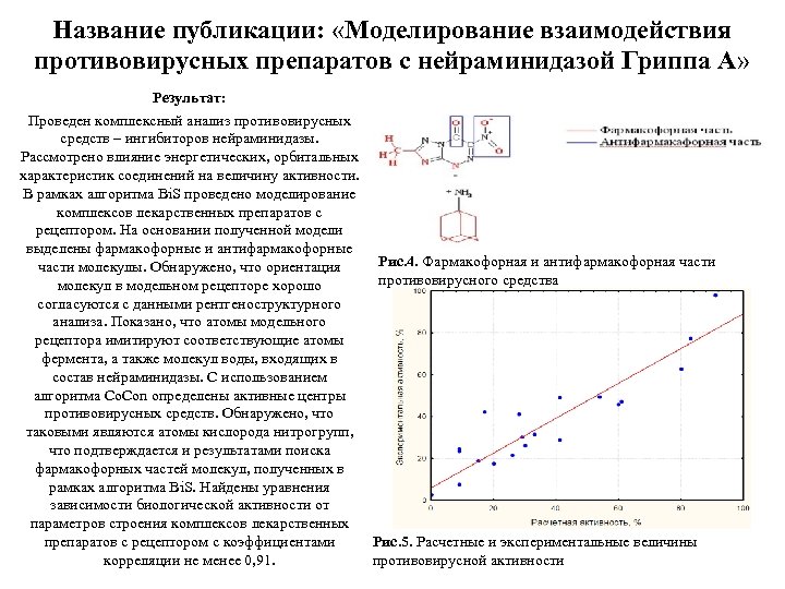 Название публикации: «Моделирование взаимодействия противовирусных препаратов с нейраминидазой Гриппа А» Результат: Проведен комплексный анализ