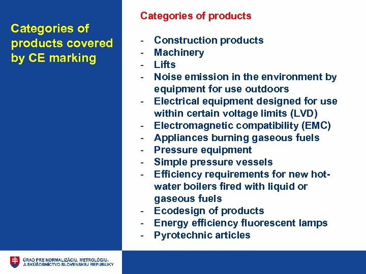 Categories of products covered by CE marking - Construction products Machinery Lifts Noise emission