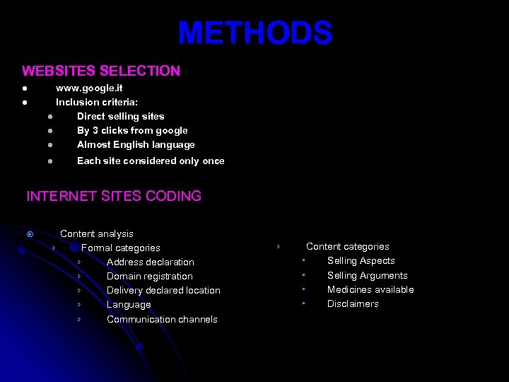 METHODS WEBSITES SELECTION l l www. google. it Inclusion criteria: l Direct selling sites