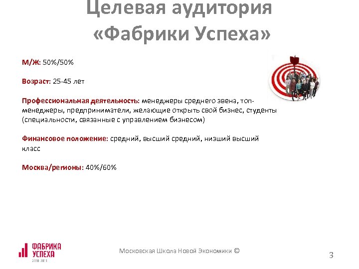 Целевая аудитория «Фабрики Успеха» М/Ж: 50%/50% Возраст: 25 -45 лет Профессиональная деятельность: менеджеры среднего