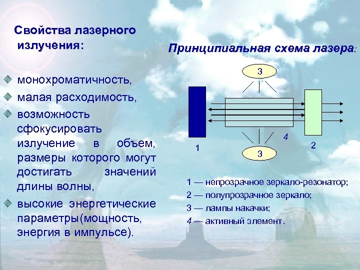 Свойства лазерного излучения: монохроматичность, малая расходимость, возможность сфокусировать излучение в объем, размеры которого могут