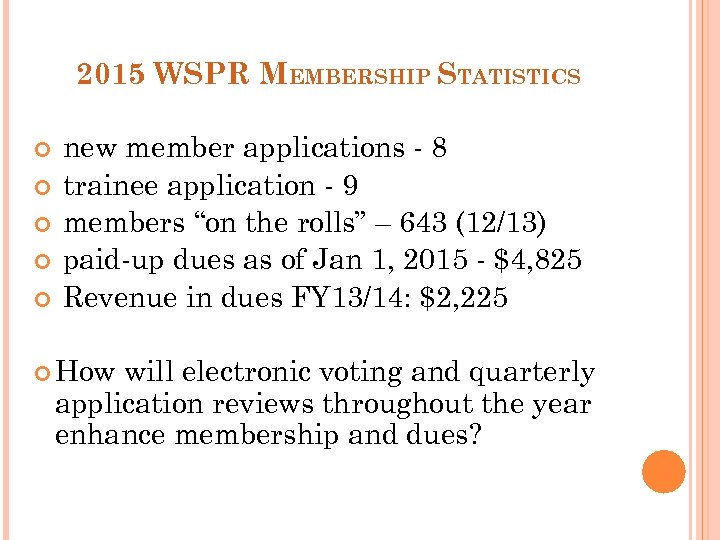 2015 WSPR MEMBERSHIP STATISTICS new member applications - 8 trainee application - 9 members