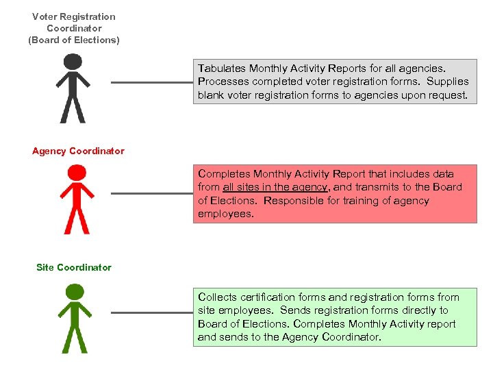 Voter Registration Coordinator (Board of Elections) Tabulates Monthly Activity Reports for all agencies. Processes