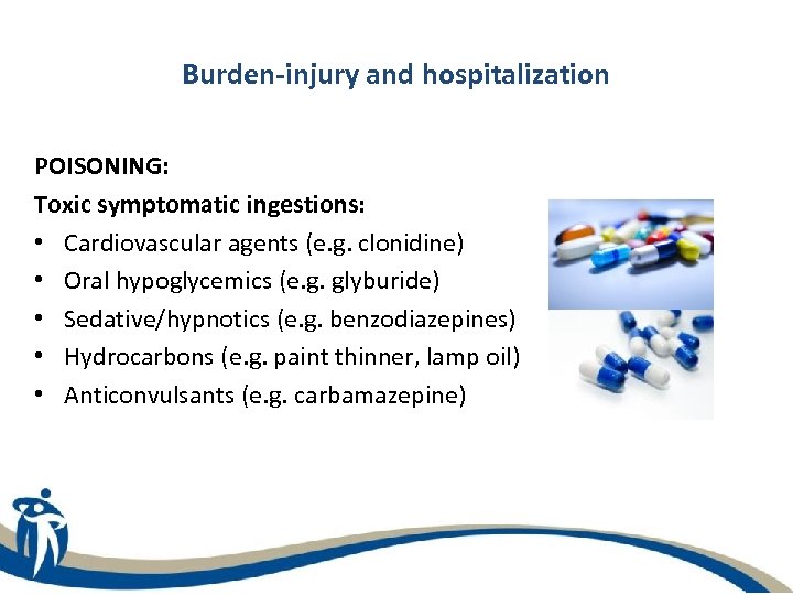 Burden-injury and hospitalization POISONING: Toxic symptomatic ingestions: • Cardiovascular agents (e. g. clonidine) •