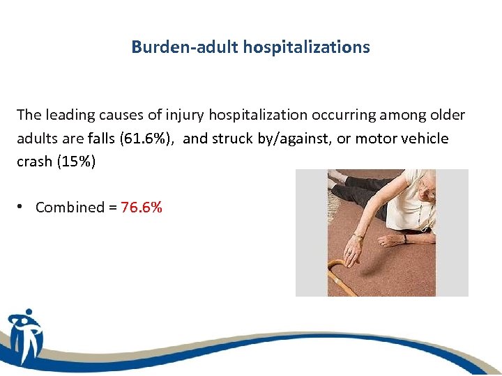 Burden-adult hospitalizations The leading causes of injury hospitalization occurring among older adults are falls