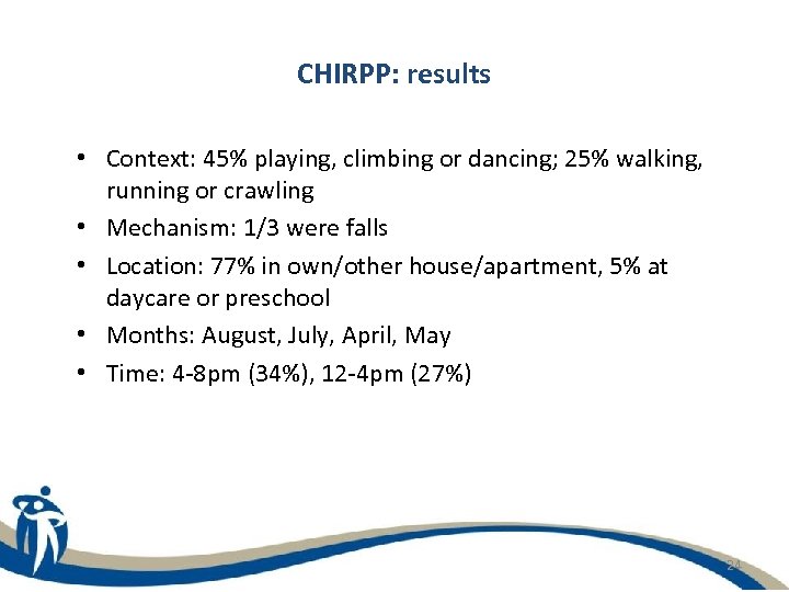 CHIRPP: results • Context: 45% playing, climbing or dancing; 25% walking, running or crawling
