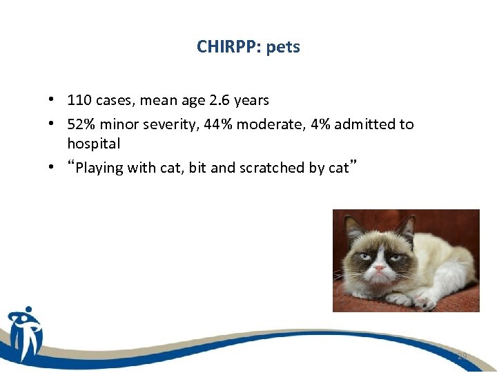 CHIRPP: pets • 110 cases, mean age 2. 6 years • 52% minor severity,