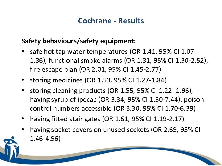 Cochrane - Results Safety behaviours/safety equipment: • safe hot tap water temperatures (OR 1.