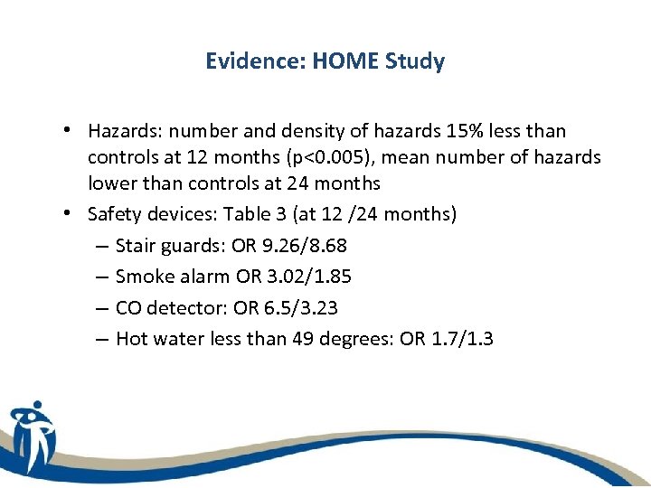 Evidence: HOME Study • Hazards: number and density of hazards 15% less than controls