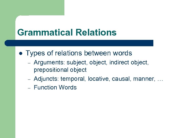 Grammatical Relations l Types of relations between words – – – Arguments: subject, object,