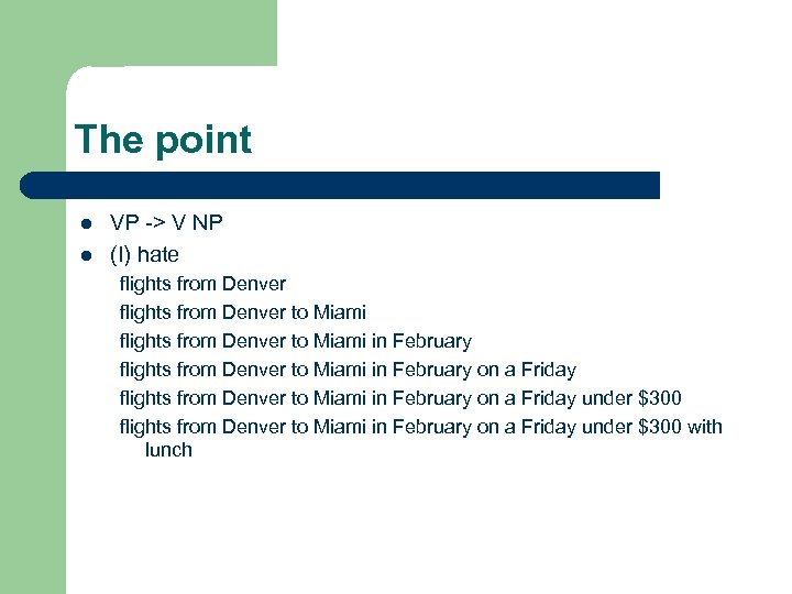 The point l l VP -> V NP (I) hate flights from Denver to