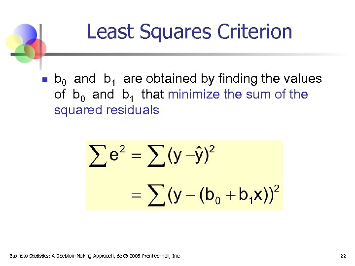 Least Squares Criterion n b 0 and b 1 are obtained by finding the