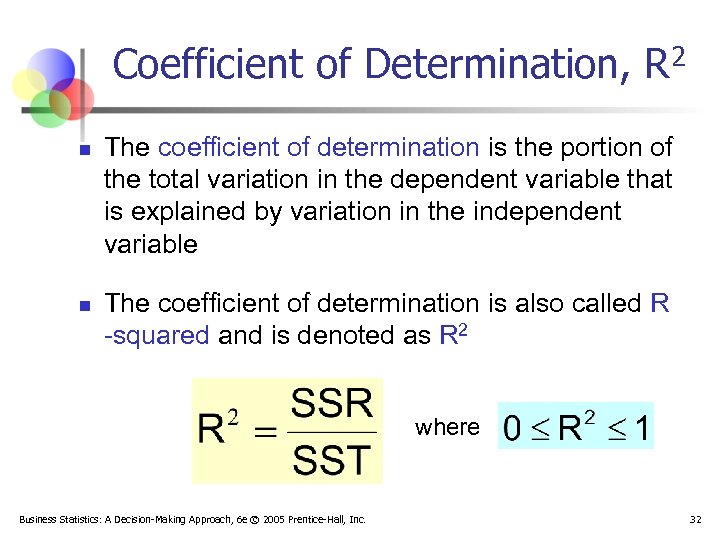 Coefficient of Determination, R 2 n n The coefficient of determination is the portion