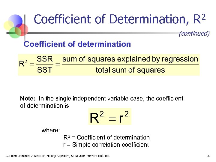 Coefficient of Determination, R 2 (continued) Coefficient of determination Note: In the single independent