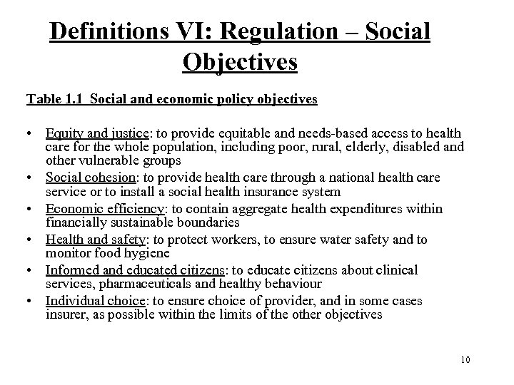 Definitions VI: Regulation – Social Objectives Table 1. 1 Social and economic policy objectives