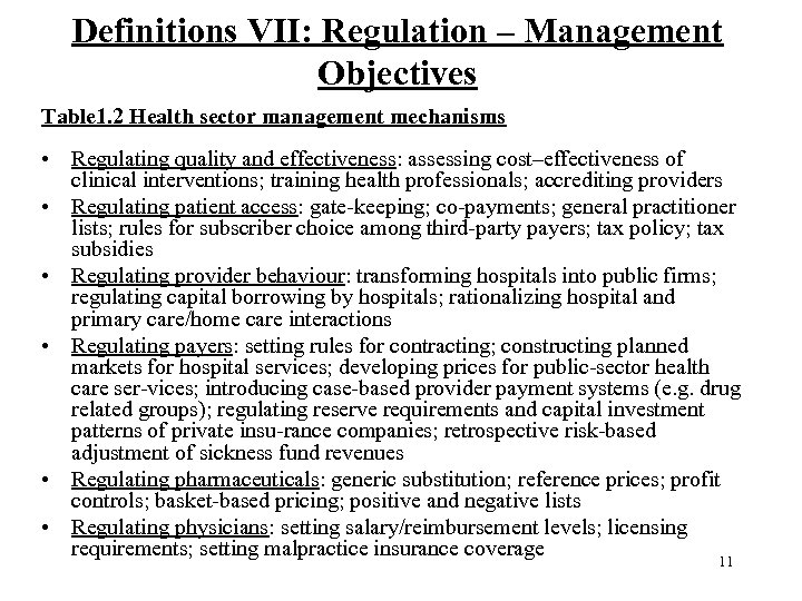 Definitions VII: Regulation – Management Objectives Table 1. 2 Health sector management mechanisms •