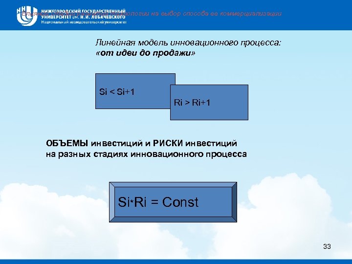Влияние стадии развития технологии на выбор способа ее коммерциализации Линейная модель инновационного процесса: «от