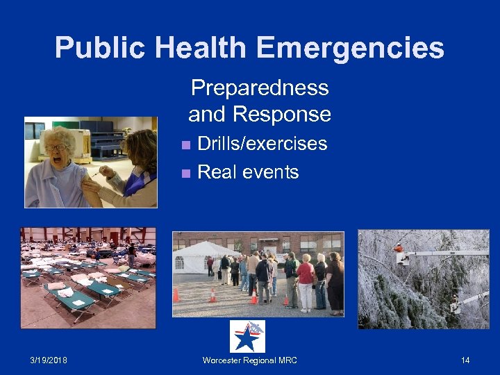 Public Health Emergencies Preparedness and Response Drills/exercises n Real events n 3/19/2018 Worcester Regional