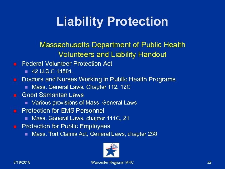 Liability Protection Massachusetts Department of Public Health Volunteers and Liability Handout n Federal Volunteer