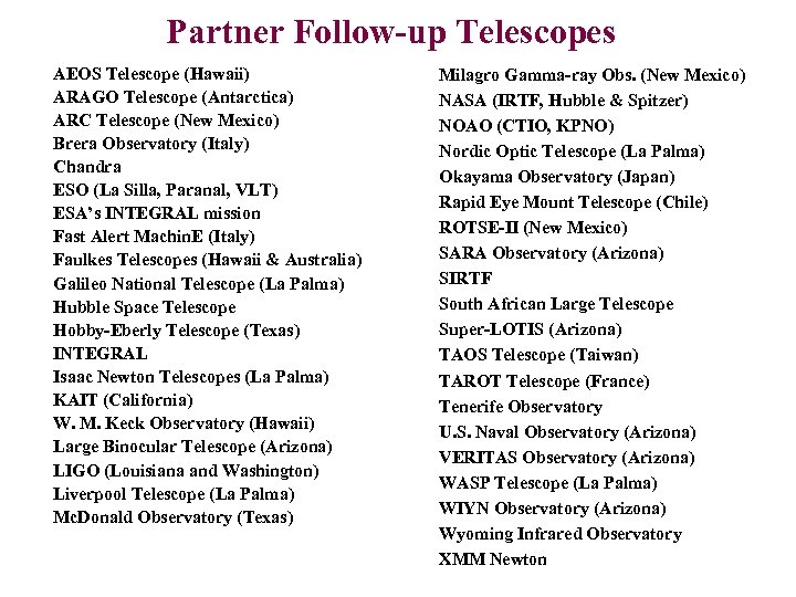 Partner Follow-up Telescopes AEOS Telescope (Hawaii) ARAGO Telescope (Antarctica) ARC Telescope (New Mexico) Brera