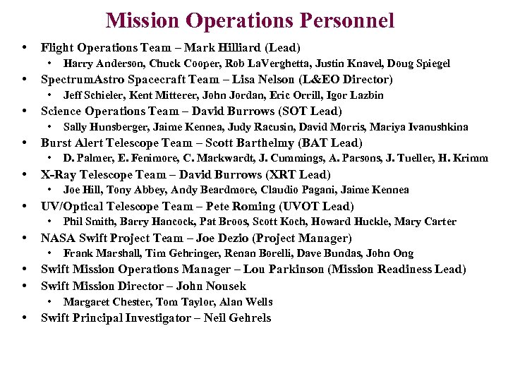 Mission Operations Personnel • Flight Operations Team – Mark Hilliard (Lead) • • Spectrum.