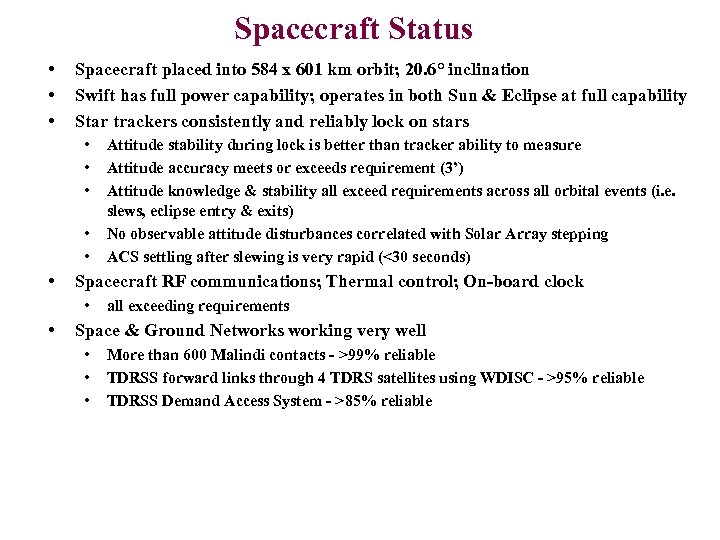 Spacecraft Status • • • Spacecraft placed into 584 x 601 km orbit; 20.