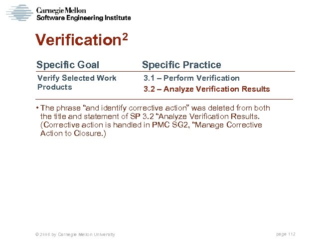 Verification 2 Specific Goal Verify Selected Work Products Specific Practice 3. 1 – Perform