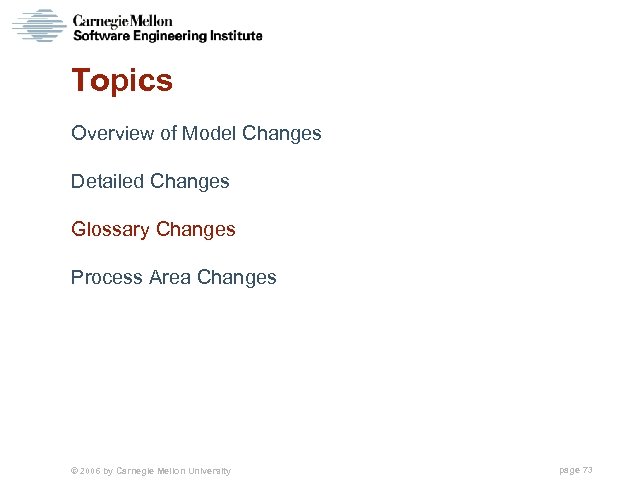 Topics Overview of Model Changes Detailed Changes Glossary Changes Process Area Changes © 2006