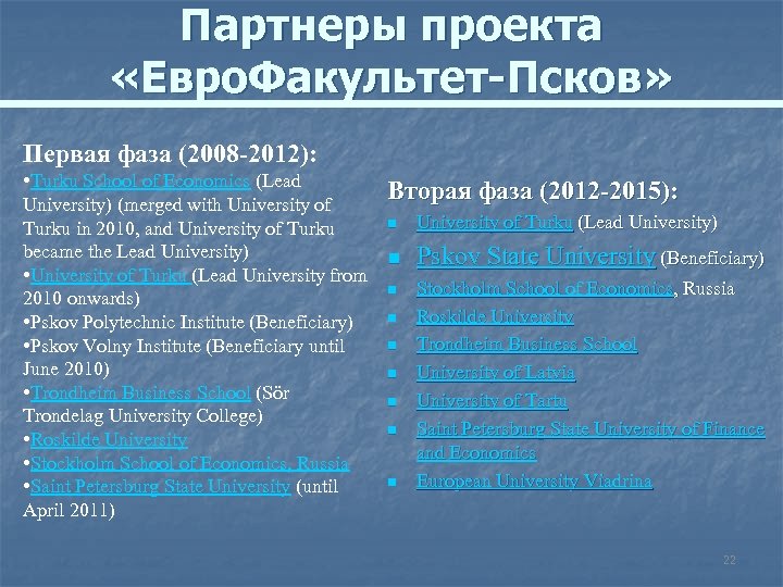 Партнеры проекта «Евро. Факультет-Псков» Первая фаза (2008 -2012): • Turku School of Economics (Lead