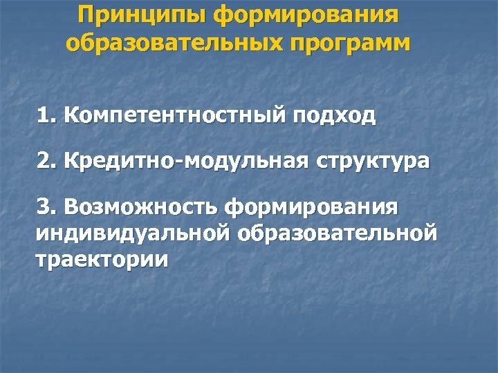 Принципы формирования образовательных программ 1. Компетентностный подход 2. Кредитно-модульная структура 3. Возможность формирования индивидуальной