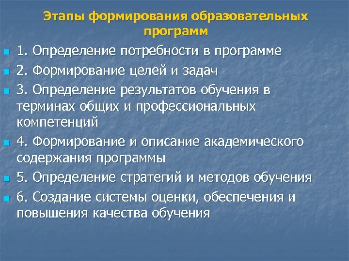 Этапы формирования образовательных программ n n n 1. Определение потребности в программе 2. Формирование