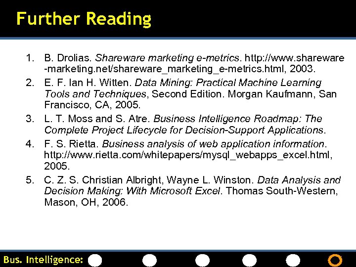 Further Reading 1. B. Drolias. Shareware marketing e-metrics. http: //www. shareware -marketing. net/shareware_marketing_e-metrics. html,