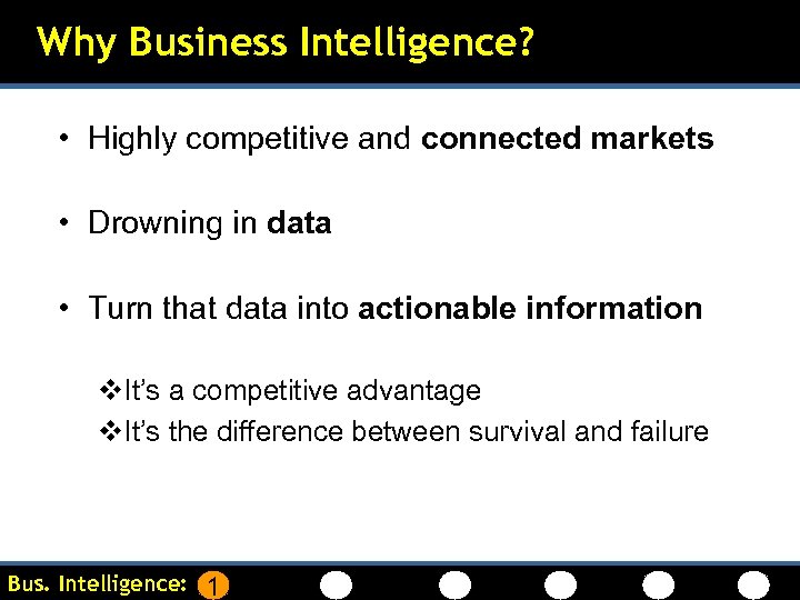 Why Business Intelligence? • Highly competitive and connected markets • Drowning in data •