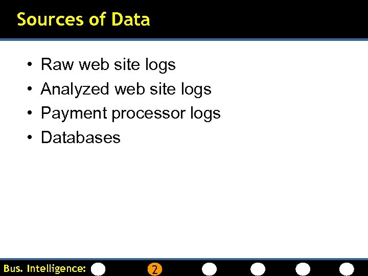 Sources of Data • • Raw web site logs Analyzed web site logs Payment