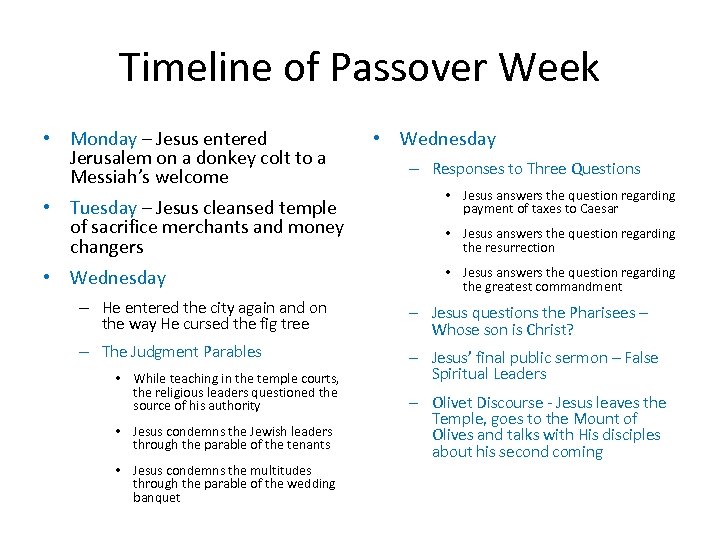 Timeline of Passover Week • Monday – Jesus entered Jerusalem on a donkey colt