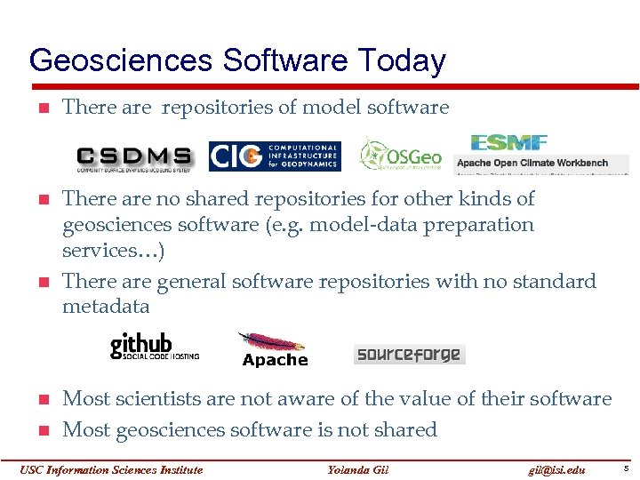 Geosciences Software Today There are repositories of model software There are no shared repositories