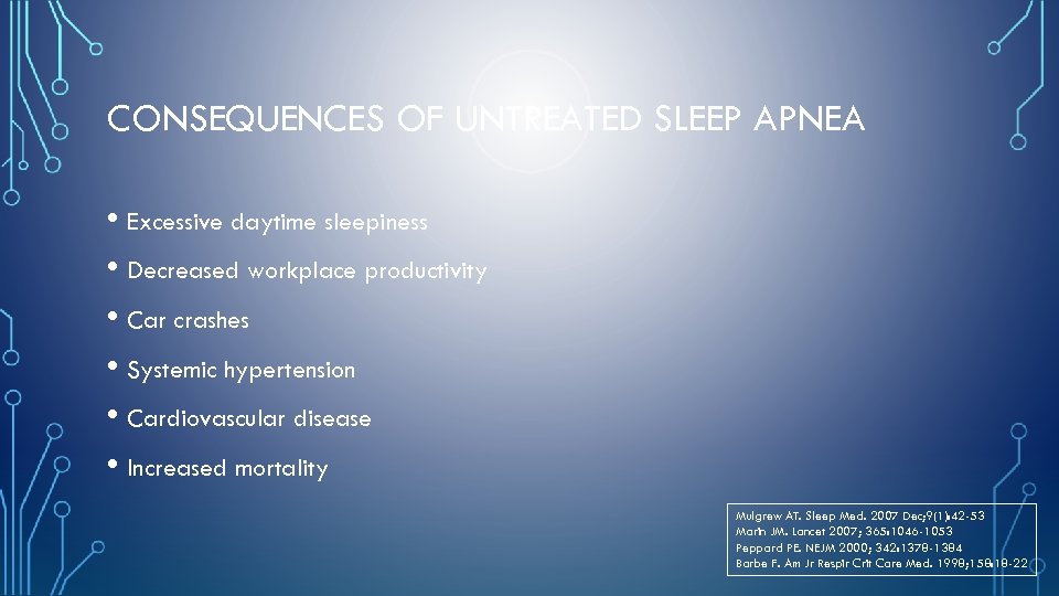 CONSEQUENCES OF UNTREATED SLEEP APNEA • Excessive daytime sleepiness • Decreased workplace productivity •