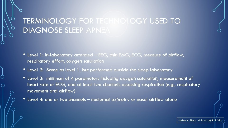 TERMINOLOGY FOR TECHNOLOGY USED TO DIAGNOSE SLEEP APNEA • Level 1: In-laboratory attended –