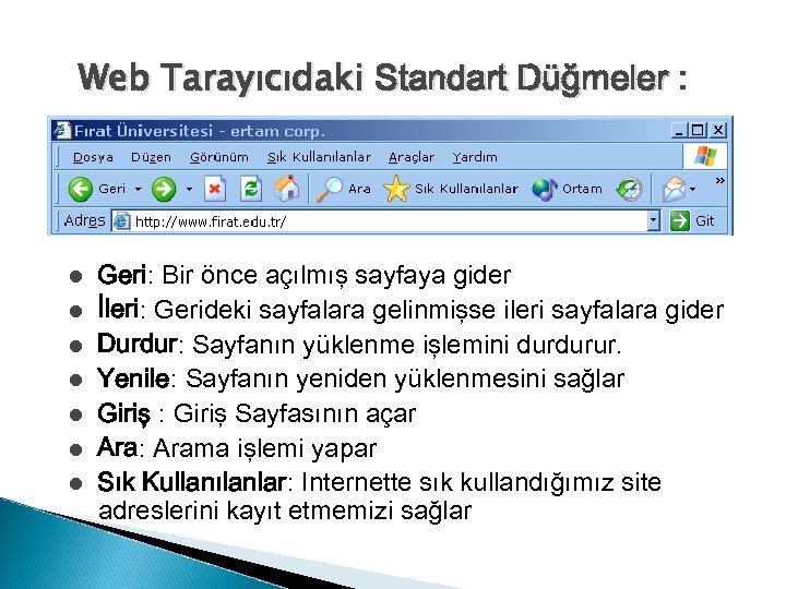Web Tarayıcıdaki Standart Düğmeler : l l l l Geri: Bir önce açılmış sayfaya