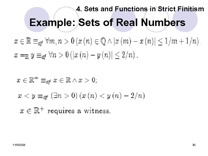 4. Sets and Functions in Strict Finitism Example: Sets of Real Numbers 11/5/2008 30