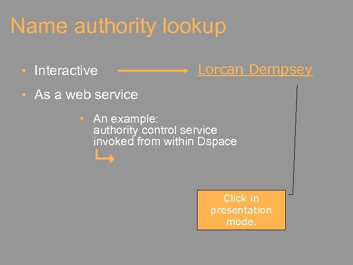 Name authority lookup • Interactive Lorcan Dempsey • As a web service • An