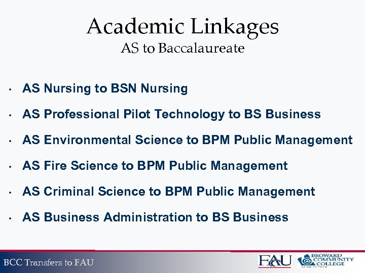 Academic Linkages AS to Baccalaureate • AS Nursing to BSN Nursing • AS Professional