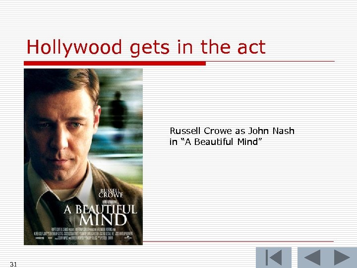 Hollywood gets in the act Russell Crowe as John Nash in “A Beautiful Mind”