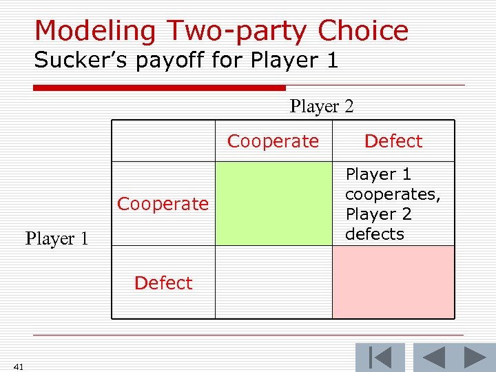 Modeling Two-party Choice Sucker’s payoff for Player 1 Player 2 Cooperate Player 1 Defect