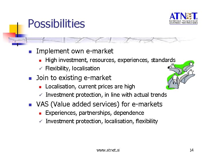 Possibilities n Implement own e-market n ü n Join to existing e-market n ü