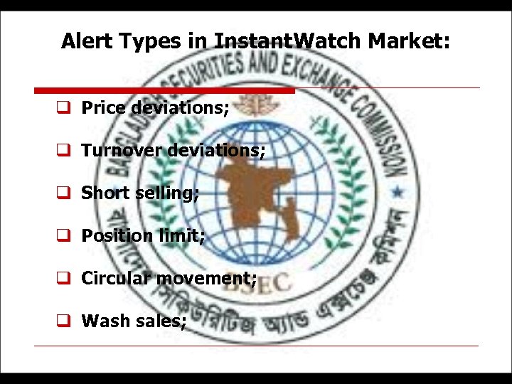 Alert Types in Instant. Watch Market: q Price deviations; q Turnover deviations; q Short