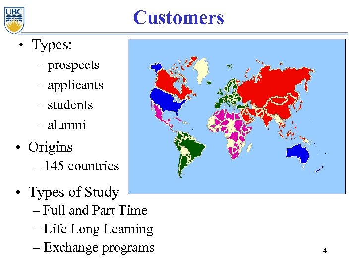 Customers • Types: – prospects – applicants – students – alumni • Origins –